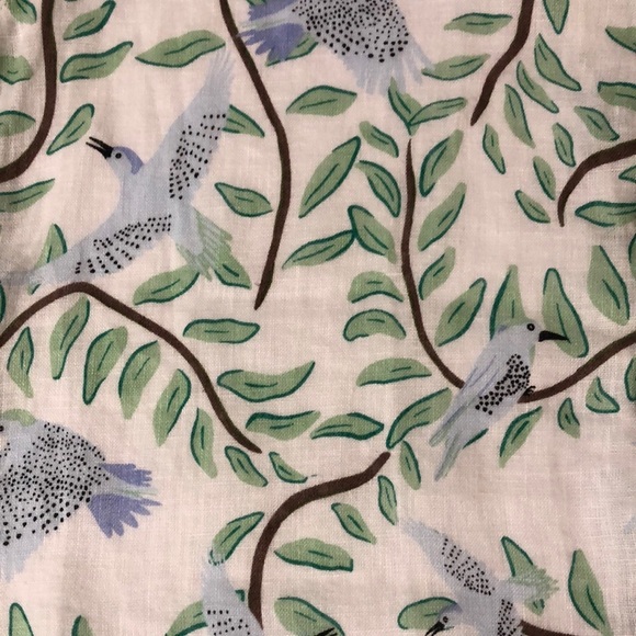 Novelty Blue Bird & Leaf Print 100% Linen Button-up Women's Collared Blouse - Picture 10 of 12